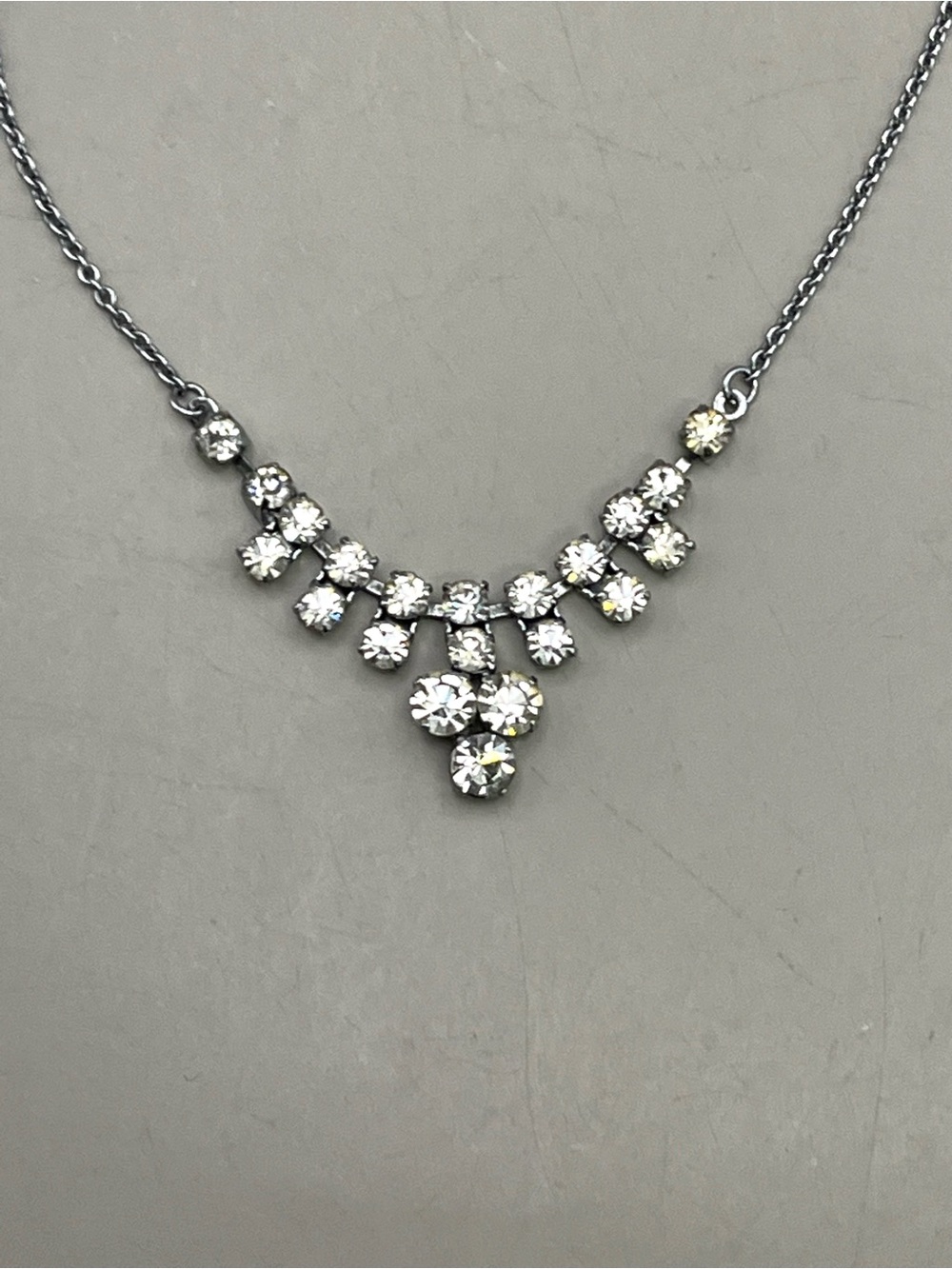Vintage Silver Tone Clear Rhinestone Bib Necklace Art Deco Style Crystal fringe